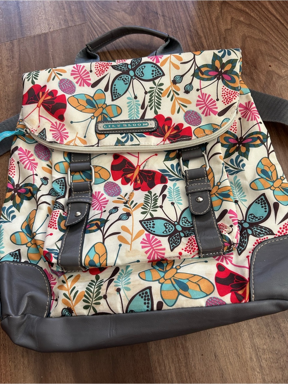 Lily Bloom Cream Multi Butterfly & Floral Canvas Backpack with Brown Trim